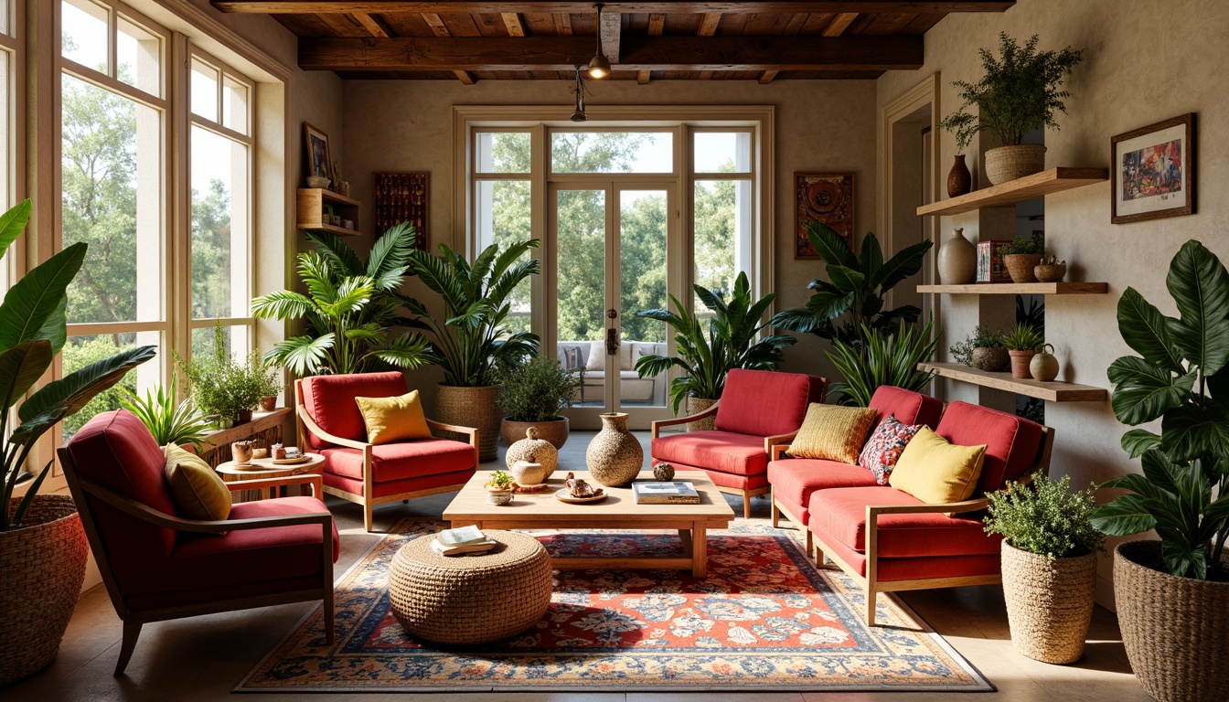 Prompt: Vibrant sunroom, eclectic furniture arrangement, plush velvet armchairs, distressed wood coffee tables, woven wicker ottomans, colorful Moroccan tiles, lush greenery, tropical plants, natural stone walls, large windows, soft warm lighting, cozy reading nooks, vintage decorative accents, global-inspired textiles, abstract artwork, metallic side tables, reclaimed wood shelves, earthy color palette, organic shapes, airy atmosphere, 1/1 composition, shallow depth of field, realistic textures.