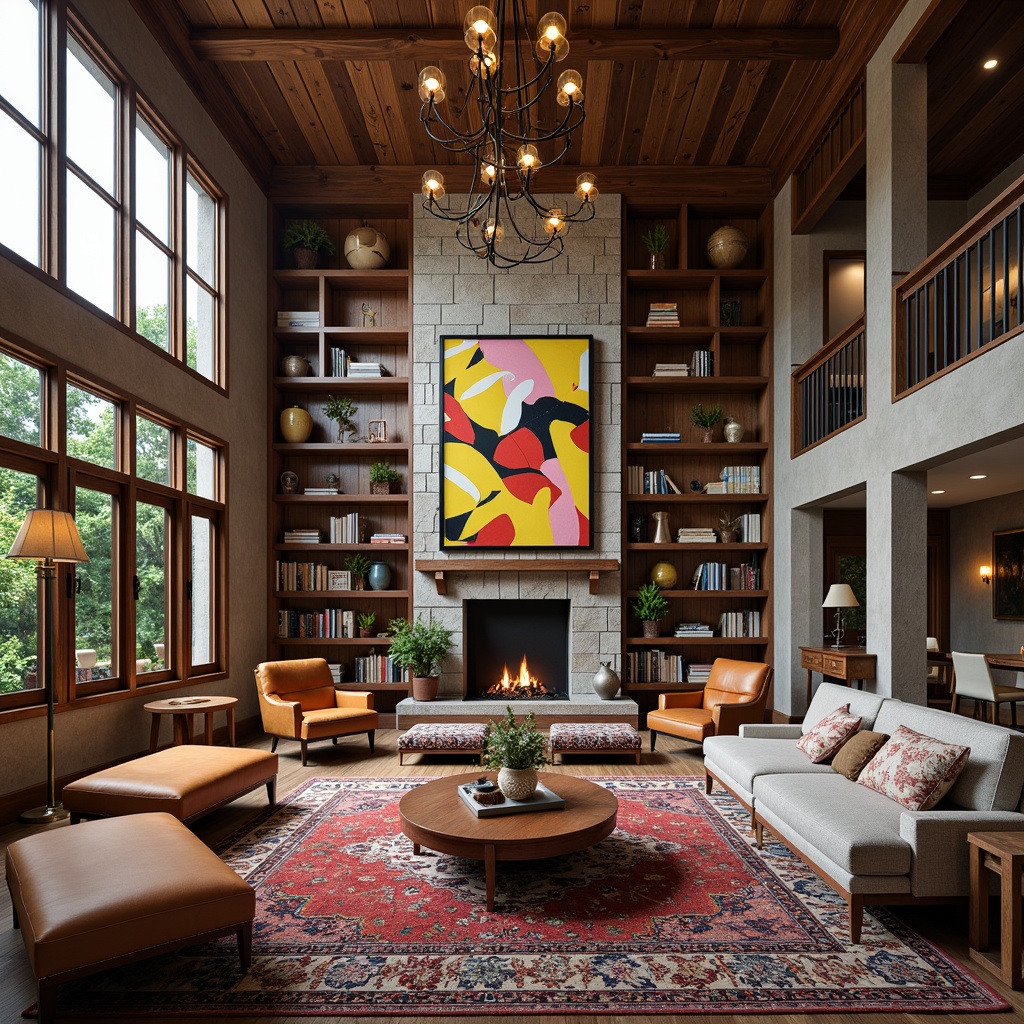 Prompt: Grand eclectic great room, high ceilings, wooden beams, stone walls, large windows, natural light pouring in, plush furniture, vibrant colorful rugs, statement lighting fixtures, abstract artwork, modern sculptures, eclectic decorative accessories, rich textures, mixed patterns, bold color palette, cozy reading nook, floor-to-ceiling bookshelves, built-in shelving units, rustic wooden accents, metallic accents, elegant chandeliers, soft warm glow, atmospheric ambiance, shallow depth of field, 3/4 composition, realistic rendering.