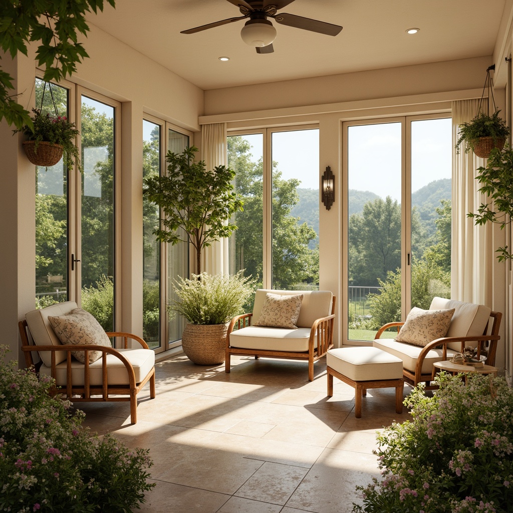 Prompt: Cozy sunroom, bright natural light, warm beige walls, soft cream furnishings, lush greenery, blooming flowers, wooden accents, rattan furniture, nature-inspired textiles, calming atmosphere, serene ambiance, gentle warm colors, pastel hues, creamy whites, earthy tones, natural stone flooring, large windows, sliding glass doors, panoramic views, sunny day, soft warm lighting, shallow depth of field, 3/4 composition.