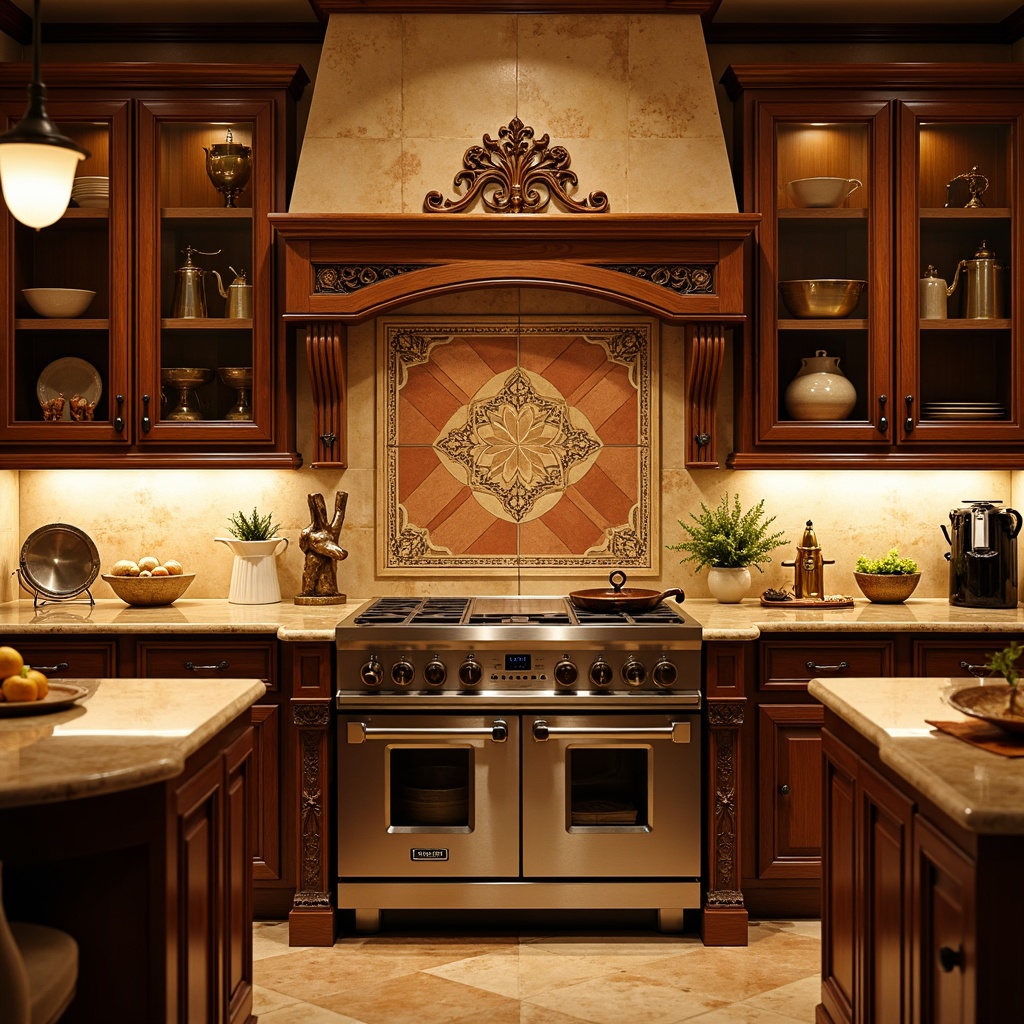 Prompt: Elegant kitchen backsplash, ornate tile work, vintage bronze fixtures, rich wood cabinetry, intricate carvings, Tuscan-inspired colors, earthy terracotta tones, warm golden lighting, rustic stone textures, subtle archways, classic corbels, decorative pilasters, luxurious marble countertops, antique-finished appliances, ornamental metalwork, soft focus, atmospheric perspective, 1/2 composition, harmonious color palette.