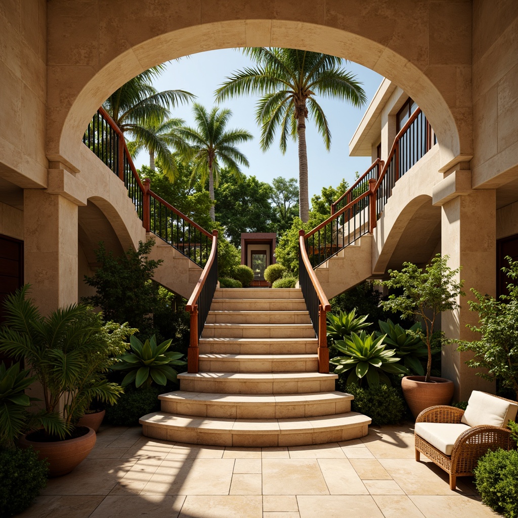 Prompt: Tropical staircase, ornate balustrades, richly carved wooden handrails, slender iron railings, curved profiles, intricate metalwork details, lush greenery surroundings, exotic hardwood flooring, warm beige stone walls, natural fiber textiles, woven rattan furniture, subtle coastal breeze, soft filtered light, shallow depth of field, 1/2 composition, warm color palette.