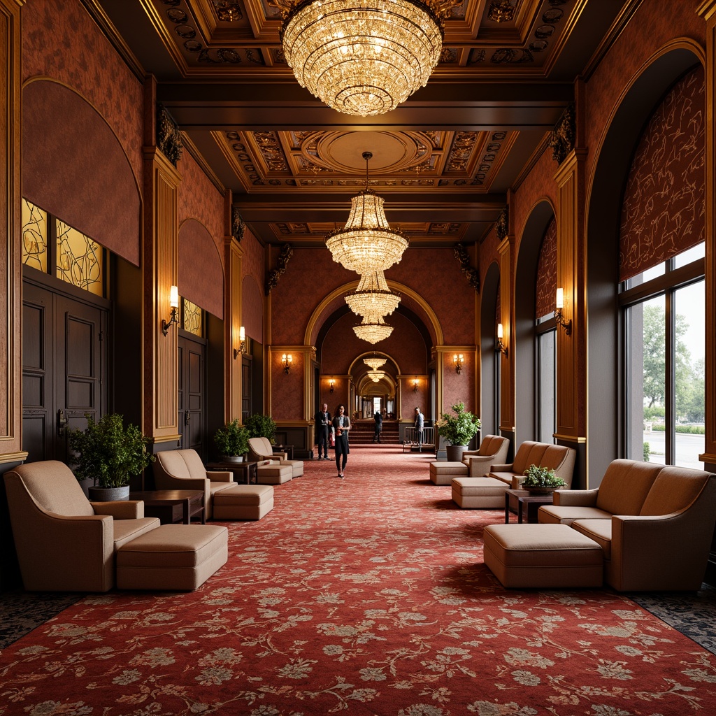 Prompt: Rich velvety carpets, ornate moldings, golden accents, luxurious fabrics, crystal chandeliers, intricate patterns, warm earthy tones, lavish furnishings, plush upholstery, metallic wall panels, decorative screens, carved wood trim, sophisticated lighting fixtures, opulent textures, elegant archways, majestic columns, grandiose ceiling designs, lavish wallpapers, dramatic drapery, ambient warm glow, shallow depth of field, 2/3 composition, realistic reflections.