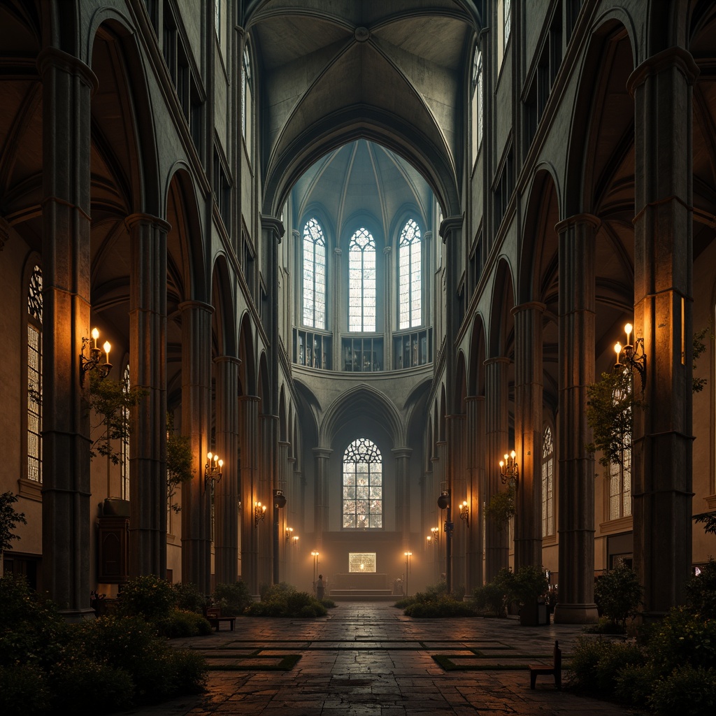 Prompt: Gothic cathedral, grand arches, ribbed vaults, stained glass windows, intricate stone carvings, pointed spires, ornate facades, mystical ambiance, dim warm lighting, eerie shadows, ancient ruins, mysterious atmosphere, atmospheric fog, misty morning, dramatic composition, symmetrical framing, cinematic lighting, high contrast ratio, rich textures, ambient occlusion.