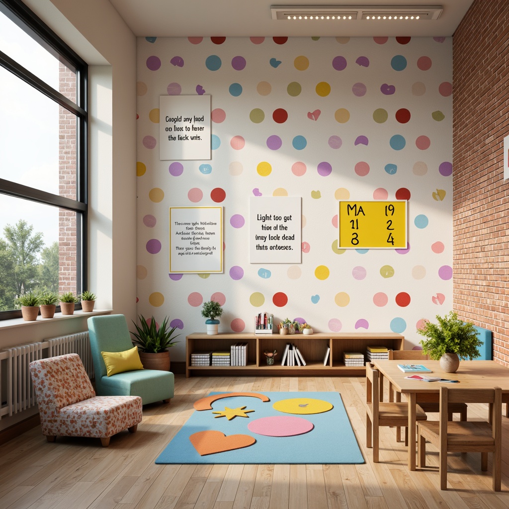 Prompt: Whimsical kindergarten walls, soft pastel colors, playful polka dots, cheerful alphabet murals, vibrant number lines, educational charts, colorful shapes, inspiring quotes, interactive display boards, textured brick walls, cozy reading nooks, natural wood accents, warm fluorescent lighting, shallow depth of field, 1/2 composition, panoramic view, realistic textures, ambient occlusion.