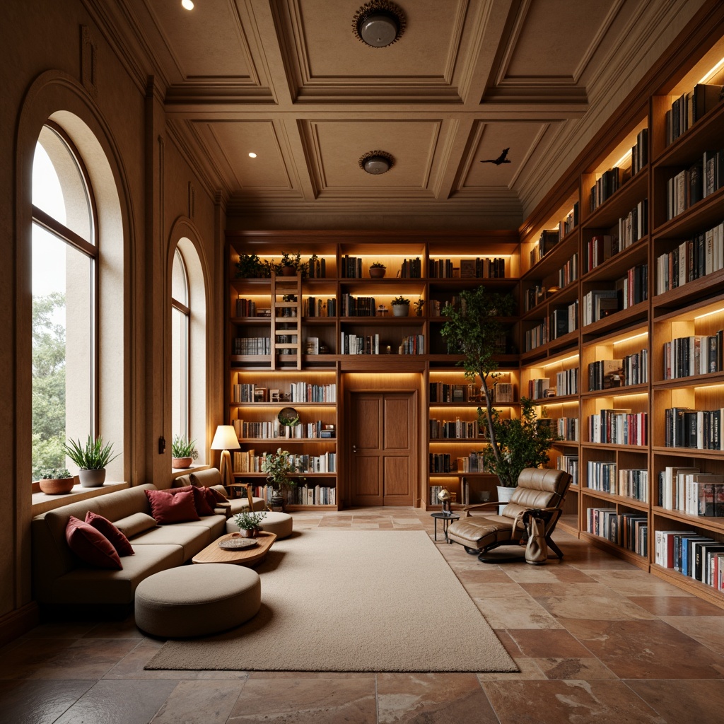 Prompt: Cozy library atmosphere, warm beige walls, rich wood accents, comfortable reading nooks, plush armchairs, soft warm lighting, subtle texture details, natural stone flooring, earthy tone color palette, minimal ornamentation, floor-to-ceiling bookshelves, ladder access, quiet study areas, soft background noise, 1/1 composition, realistic textures, ambient occlusion.