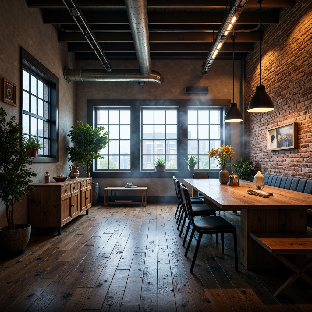 Prompt: Industrial chic loft, exposed brick walls, metal beams, reclaimed wood floors, minimalist decor, urban atmosphere, warm neutral tones, rich wood accents, deep blue hues, soft golden lighting, atmospheric fog, shallow depth of field, 3/4 composition, realistic textures, ambient occlusion.