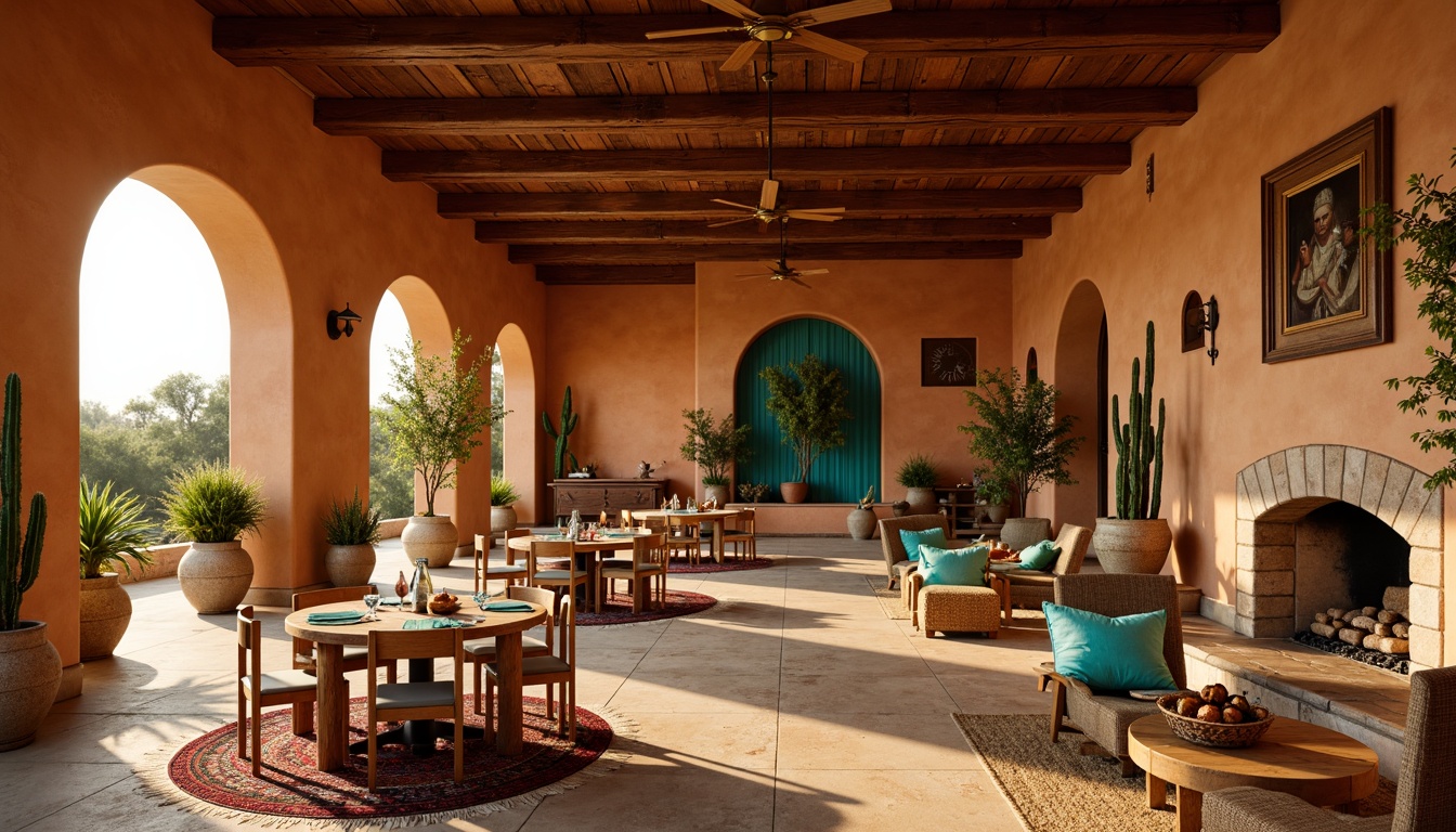 Prompt: Earthy Southwestern dining hall, warm terracotta walls, rustic wooden beams, vibrant turquoise accents, sandy beige floors, natural stone fireplaces, woven textiles, tribal patterned rugs, potted cacti, warm golden lighting, shallow depth of field, 1/2 composition, intimate atmosphere, realistic wood grain, ambient occlusion.