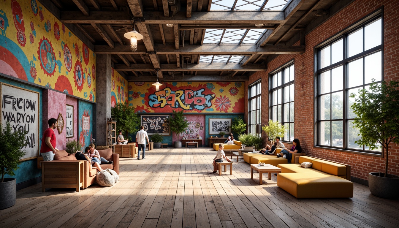 Prompt: Vibrant youth center, eclectic style, textured surfaces, exposed brick walls, distressed wood accents, industrial metal beams, colorful graffiti murals, urban street art, reclaimed wooden floors, mismatched furniture, vintage decorative items, playful color palette, natural light pouring in, large windows, skylights, abstract geometric patterns, bold typography, dynamic lighting effects, shallow depth of field, 1/1 composition, realistic textures, ambient occlusion.