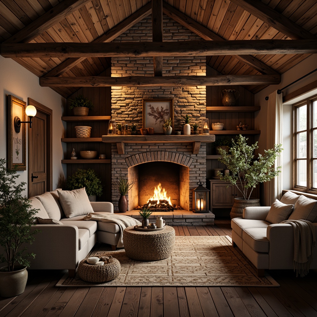 Prompt: Rustic cabin, wooden logs, stone fireplace, earthy tones, natural fabrics, woven baskets, pinecone decorations, vintage lanterns, distressed wood accents, cozy throw blankets, plush area rugs, wooden beam ceilings, exposed brick walls, candlelit ambiance, warm soft lighting, shallow depth of field, 1/1 composition, realistic textures, ambient occlusion.