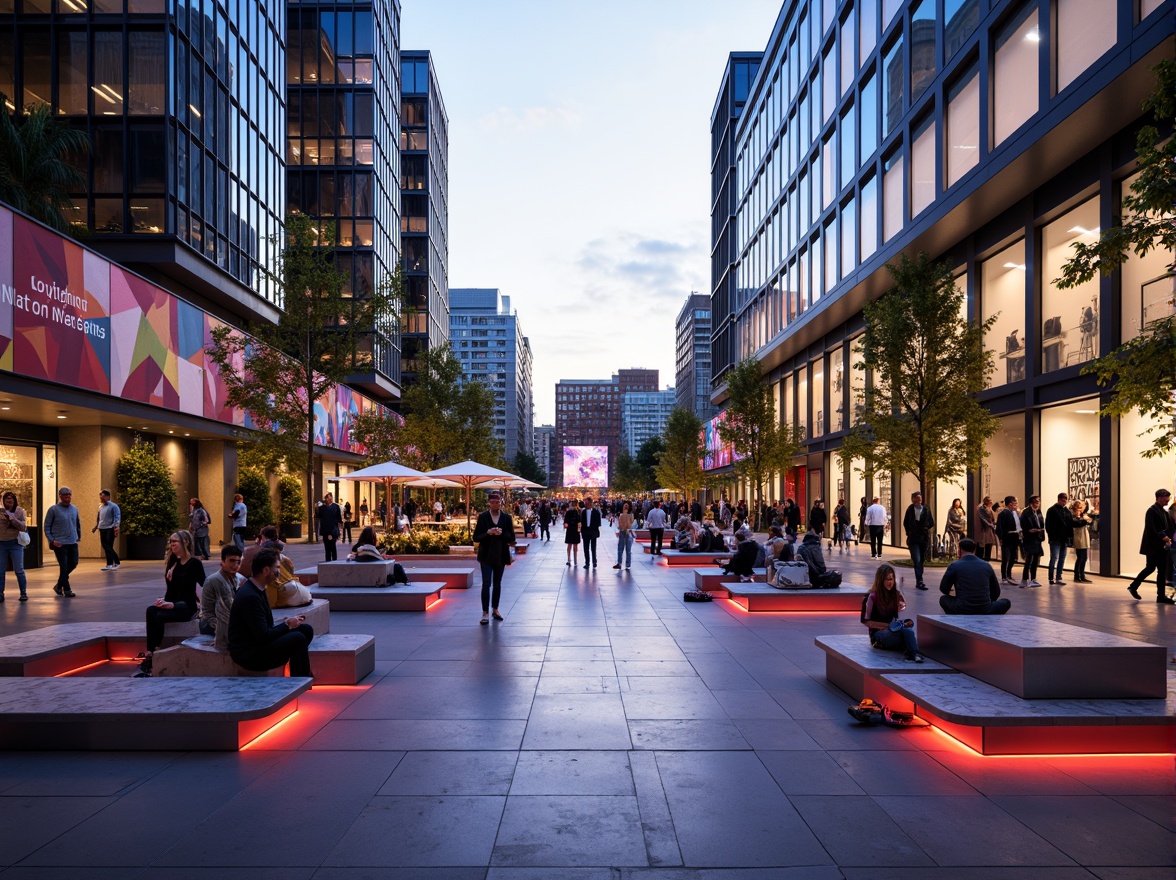 Prompt: Vibrant public plaza, bustling city atmosphere, modern urban design, sleek metal benches, polished concrete flooring, bright LED lighting, dynamic color scheme, bold accents, energetic vibe, youthful crowd, lively street performers, abstract mural art, gradient skies, warm sunny day, shallow depth of field, 1/1 composition, realistic textures, ambient occlusion.