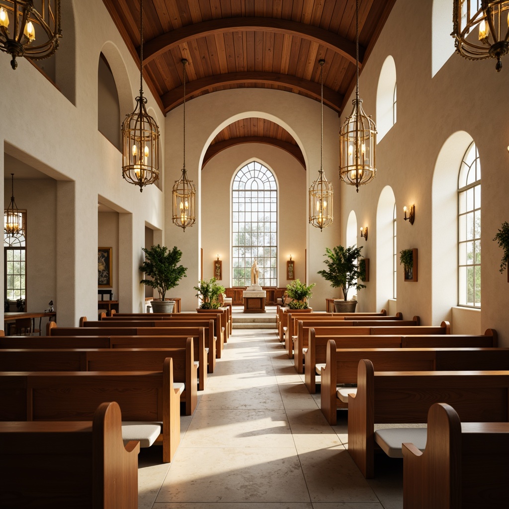 Prompt: Serene worship hall, elegant wooden pews, soft cushioning, subtle lighting, calming color palette, minimalist decor, sacred symbols, stained glass windows, vaulted ceilings, grand chandeliers, intimate seating arrangements, gentle curves, acoustic panels, warm ambiance, natural materials, earthy tones, peaceful atmosphere, warm lighting, shallow depth of field, 2/3 composition, symmetrical balance, realistic textures.