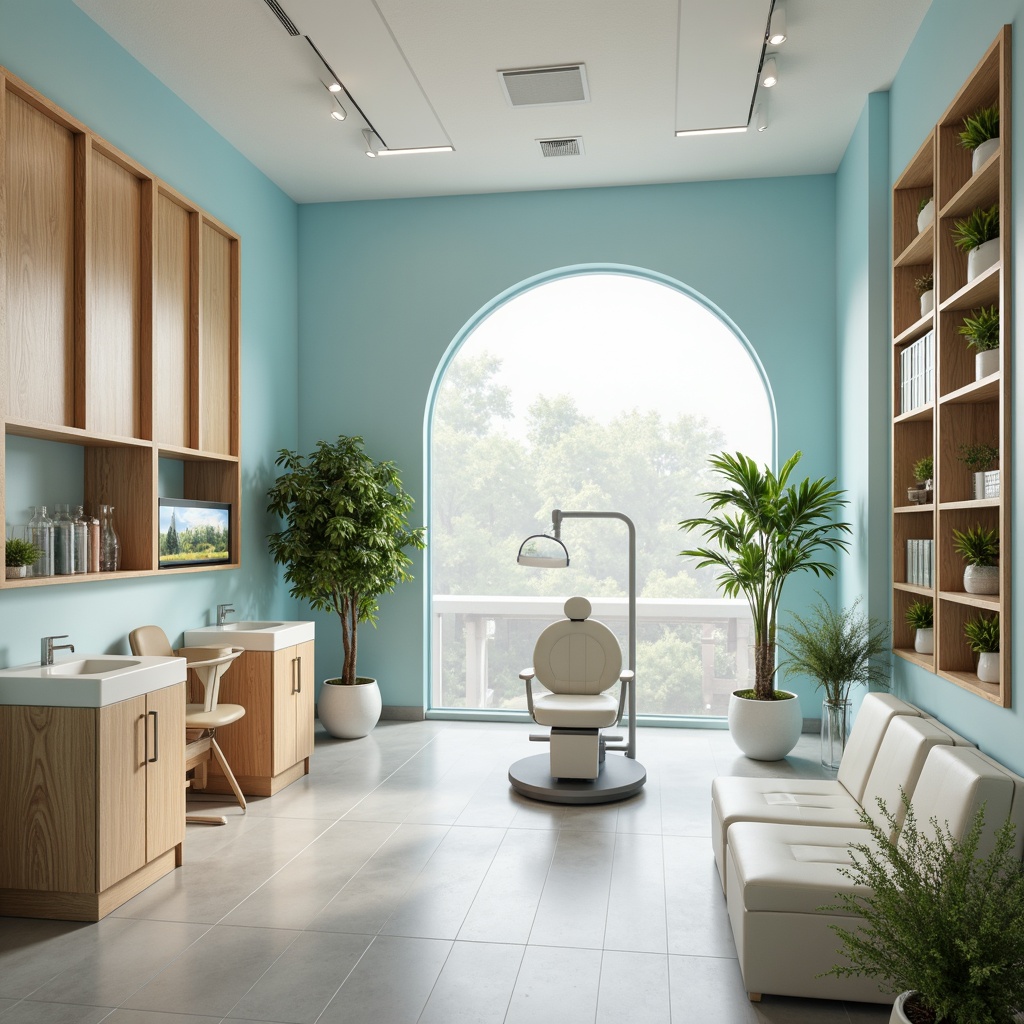 Prompt: Calming dental clinic, soft pastel colors, gentle blue tones, creamy whites, warm beige accents, natural wood textures, minimal metallic reflections, modern sleek lines, comfortable waiting areas, lush greenery, serene aquariums, calming water features, subtle scents, gentle diffused lighting, shallow depth of field, 1/1 composition, realistic renderings, ambient occlusion.