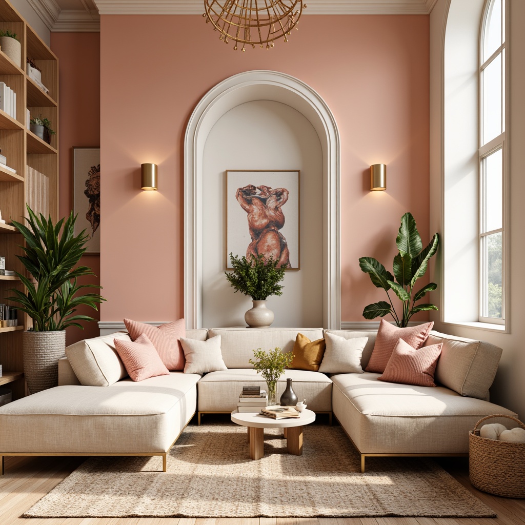 Prompt: Vibrant modern interior, pastel color scheme, soft peach tones, creamy whites, rich wood accents, metallic gold details, bold black outlines, natural textiles, woven baskets, plush throw pillows, abstract artwork, eclectic decorative objects, warm ambient lighting, shallow depth of field, 1/1 composition, realistic textures, subtle gradient effects.