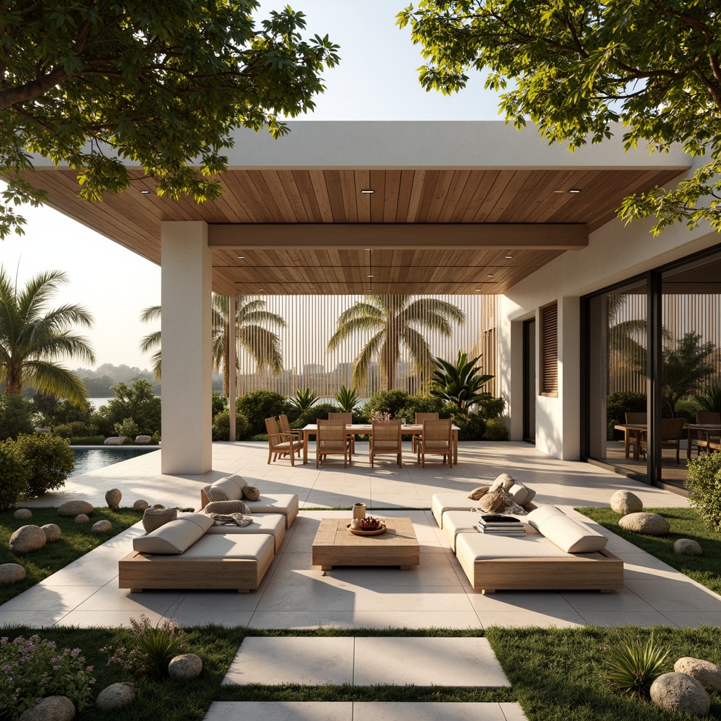 Prompt: Sleek pavilion, natural wood accents, minimalist furniture, low-profile seating, woven rattan chairs, paper lanterns, lush greenery, tropical plants, subtle lighting, warm beige tones, polished concrete floors, sliding glass doors, panoramic views, soft diffused light, 1/1 composition, realistic textures, ambient occlusion.