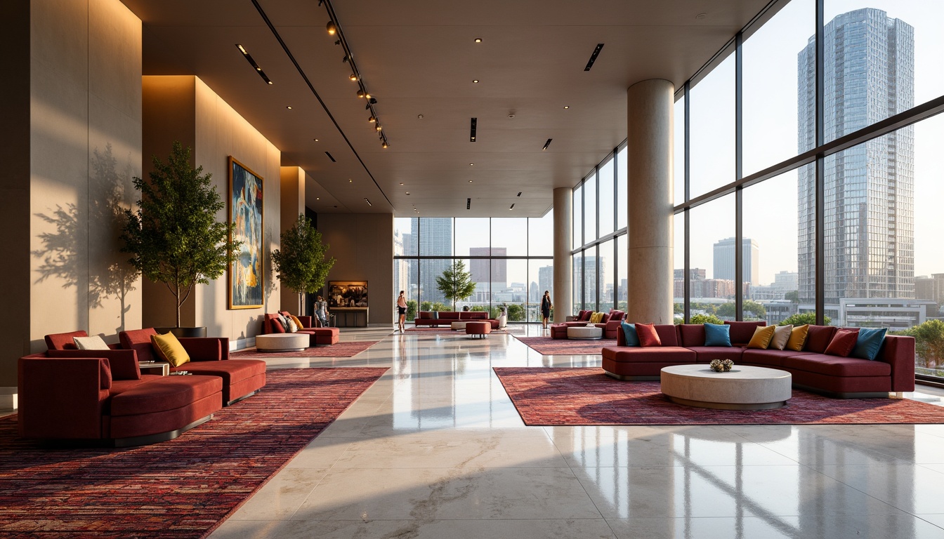 Prompt: Luxurious hotel lobby, sleek modern architecture, polished marble floors, minimalist decor, vibrant colorful textiles, geometric patterns, plush velvet sofas, chrome accents, floor-to-ceiling windows, cityscape views, soft warm lighting, shallow depth of field, 3/4 composition, panoramic view, realistic textures, ambient occlusion, intricately designed rugs, bespoke furniture upholstery, metallic thread embroidery, subtle sheen fabrics, sophisticated ambiance, boutique hotel atmosphere.