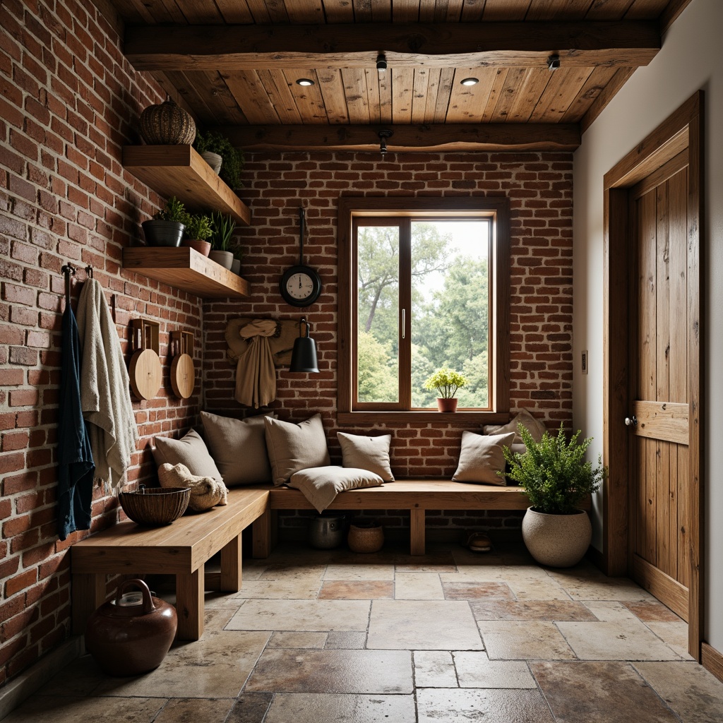 Prompt: Rustic mudroom, natural stone flooring, earthy tones, wooden accents, vintage decor, distressed finishes, woven textiles, earth-toned ceramics, industrial metal fixtures, exposed brick walls, reclaimed wood shelving, warm cozy atmosphere, soft diffused lighting, shallow depth of field, 1/1 composition, realistic textures.