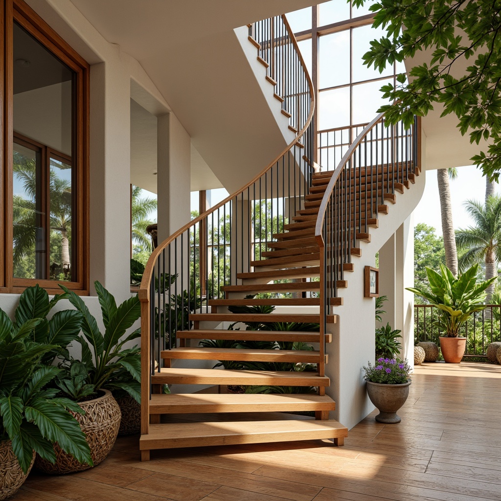 Prompt: Winding staircase, polished wooden handrails, sleek metal balusters, lush greenery, vibrant exotic flowers, palm trees, natural stone walls, tropical hardwood floors, minimalist design, open-plan layout, high ceilings, large windows, sliding glass doors, warm sunny day, soft diffused lighting, 1/1 composition, realistic textures, ambient occlusion.This prompt includes the main subject (staircase), its features (polished wooden handrails, sleek metal balusters), setting (tropical aesthetics), environment (lush greenery, vibrant exotic flowers, palm trees), and camera settings (warm sunny day, soft diffused lighting, 1/1 composition).