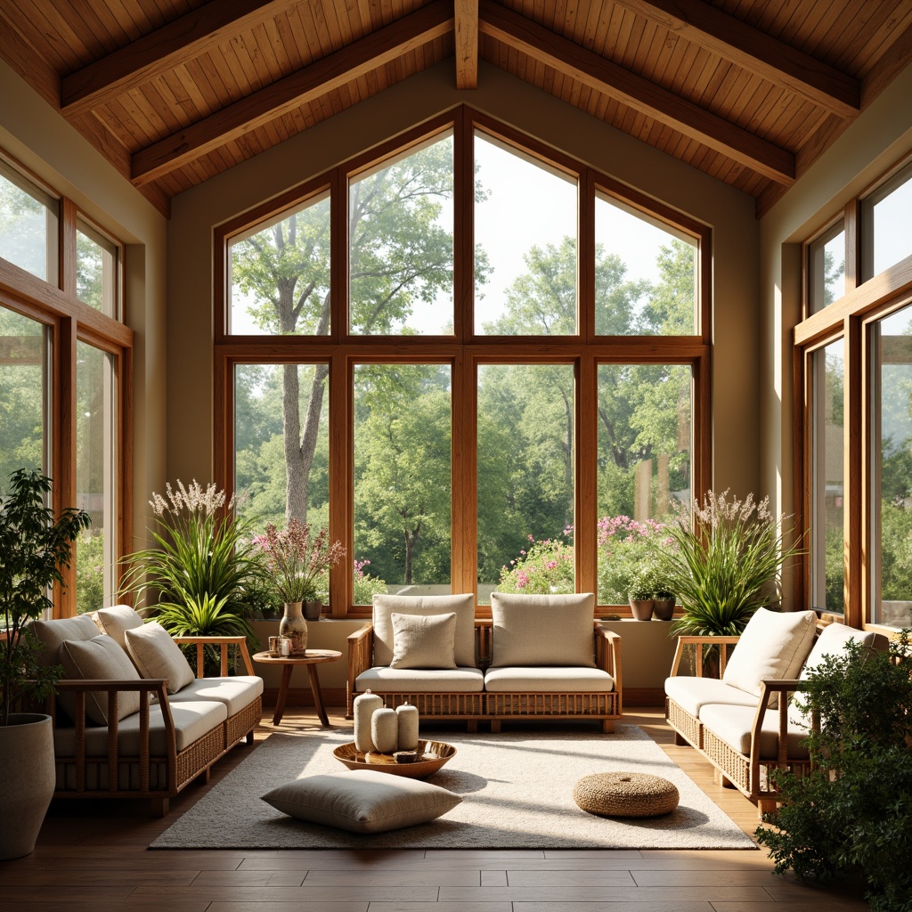 Prompt: Cozy sunroom, natural wood accents, earthy tones, warm beige walls, large windows, sliding glass doors, comfortable seating area, plush cushions, rustic wooden beams, vaulted ceiling, soft warm lighting, abundant natural light, lush greenery views, blooming flowers, garden scenery, peaceful atmosphere, 1/1 composition, realistic textures, ambient occlusion.