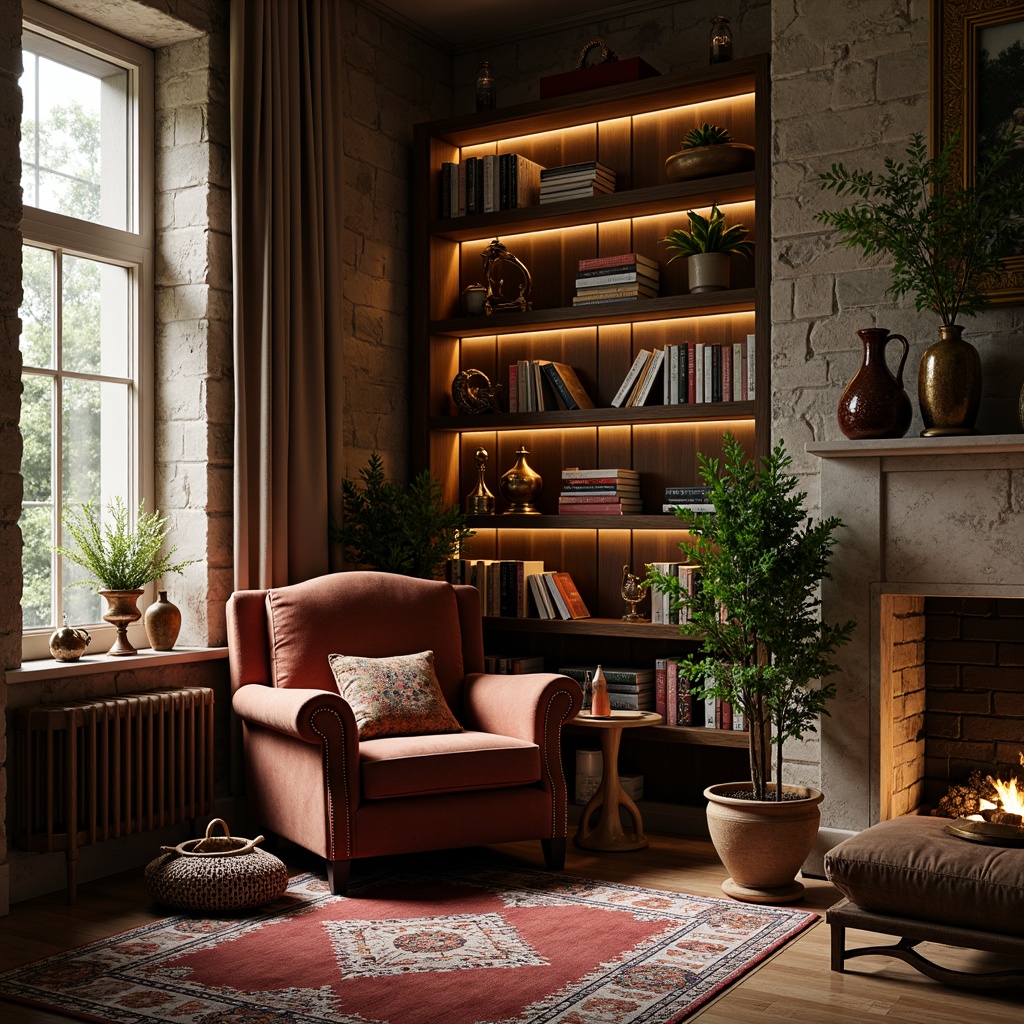 Prompt: Cozy reading nook, plush velvet armchair, ornate wooden shelves, vintage metal lanterns, soft warm lighting, richly textured rugs, eclectic decorative objects, antique bronze vases, delicate lace curtains, rustic stone walls, earthy color palette, lush greenery, natural fabrics, inviting atmosphere, shallow depth of field, 3/4 composition, realistic textures.