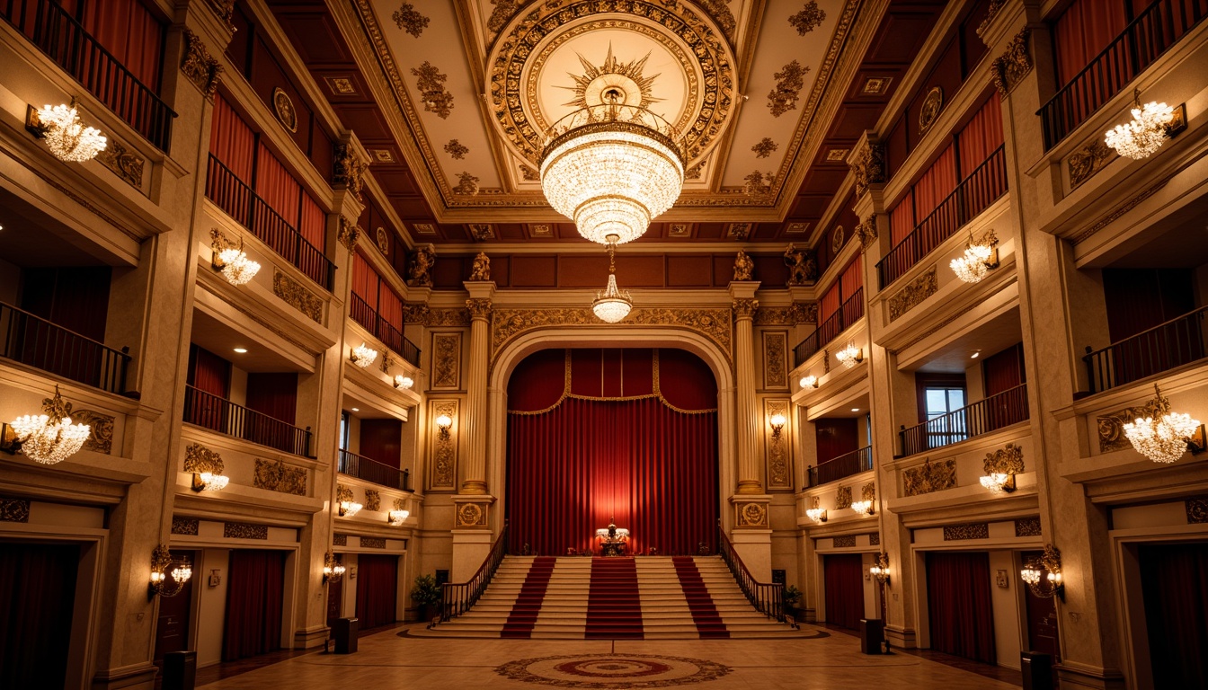 Prompt: Grand opera house, ornate chandeliers, lavish crystal fixtures, warm golden lighting, dramatic spotlights, rich velvet curtains, opulent red carpeting, intricate moldings, neoclassical architecture, high ceilings, marble floors, stately columns, grand staircases, soft warm glow, subtle shadowing, 1/2 composition, symmetrical framing, realistic textures, ambient occlusion.