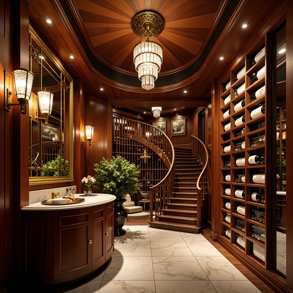 Prompt: Luxurious wine cellar, rich wood paneling, metallic accents, ornate mirrors, crystal chandeliers, geometric pendant lights, bronze sconces, velvet drapes, marble floors, curved staircases, opulent furnishings, warm golden lighting, soft shadows, dramatic ambiance, Art Deco patterns, glamorous atmosphere, sophisticated elegance, refined details, lavish decor.