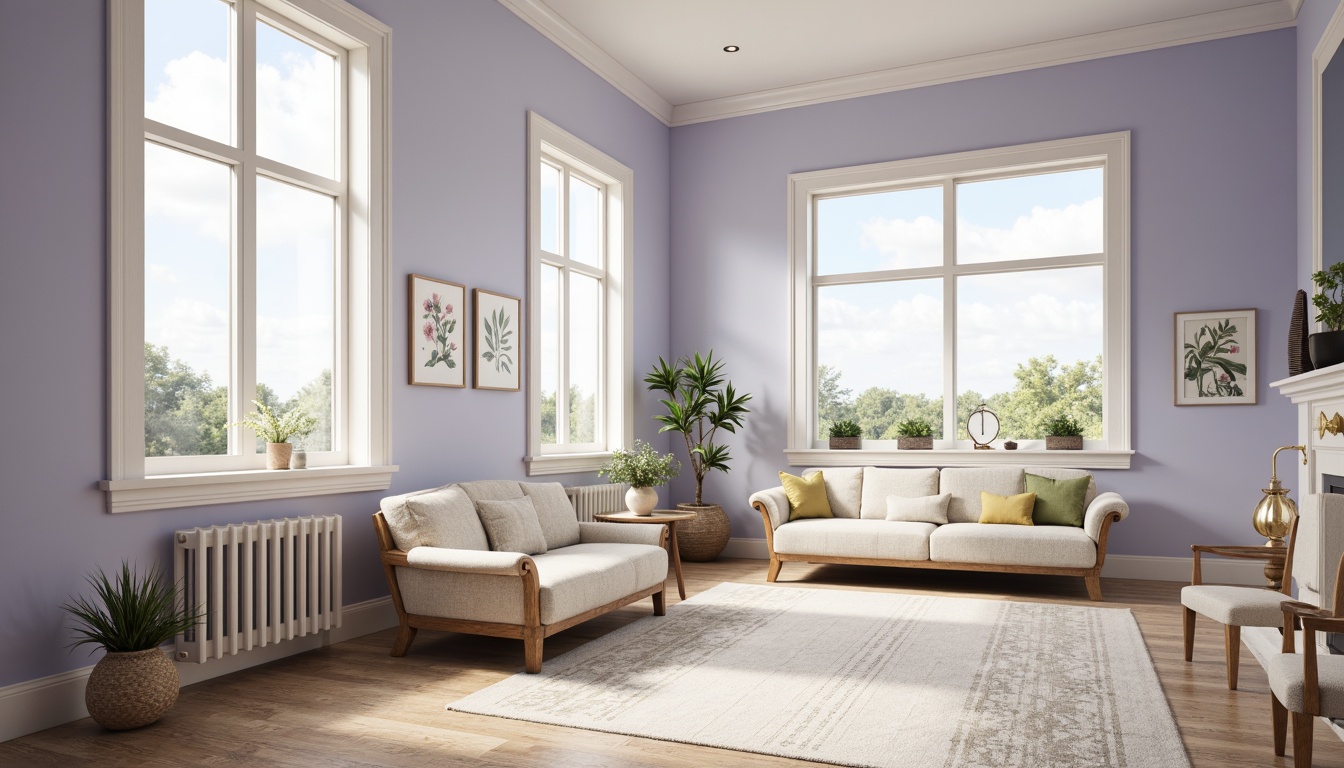 Prompt: Soft lavender blue walls, creamy white trim, elegant furniture legs, plush area rugs, calming ambiance, natural light pouring through large windows, subtle color accents, warm beige upholstery, gentle curves, ornate gold fixtures, delicate lace patterns, whimsical botanical prints, airy room layout, shallow depth of field, 1/1 composition, softbox lighting, realistic textures, ambient occlusion.