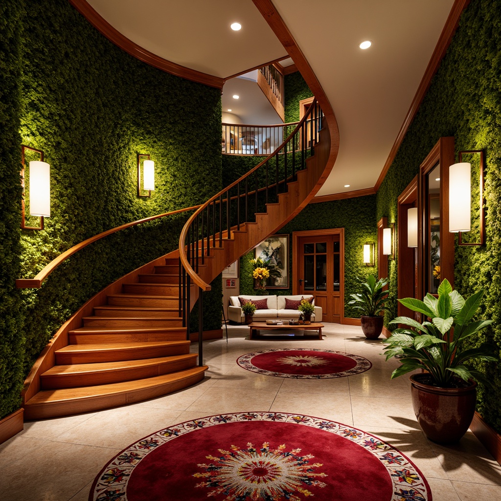 Prompt: Richly polished wooden handrails, ornate metal balusters, lush greenery walls, exotic flower arrangements, vibrant colorful tile inlays, warm golden lighting, shallow depth of field, 3/4 composition, sweeping curved lines, elegant spiral designs, luxurious velvet carpeting, intricate patterned rugs, ambient occlusion, realistic textures.