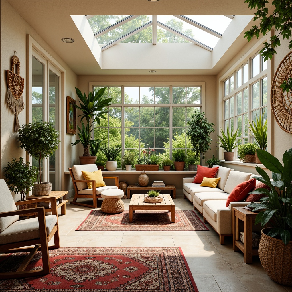 Prompt: Vibrant sunroom, eclectic decor, natural light pouring, floor-to-ceiling windows, skylights, sliding glass doors, lush greenery, potted plants, colorful throw pillows, patterned rugs, wooden accents, vintage furniture, distressed finishes, rattan chairs, macrame wall hangings, woven baskets, warm beige tones, soft cream hues, organic textures, rustic elements, airy atmosphere, effortless elegance, 1/1 composition, softbox lighting, subtle shadows, realistic materials.