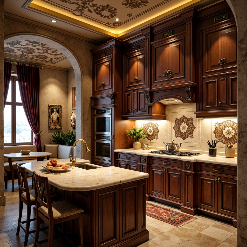 Prompt: Renaissance-inspired kitchen, ornate cabinetry, intricately carved wooden doors, golden hardware, rich dark wood tones, creamy marble countertops, soft warm lighting, elegant archways, ornamental ceiling details, luxurious velvet drapes, vintage-style appliances, decorative ceramic tiles, fresco-inspired mural, rustic stone flooring, cozy breakfast nook, plush area rug, 1/2 composition, shallow depth of field, warm color palette.