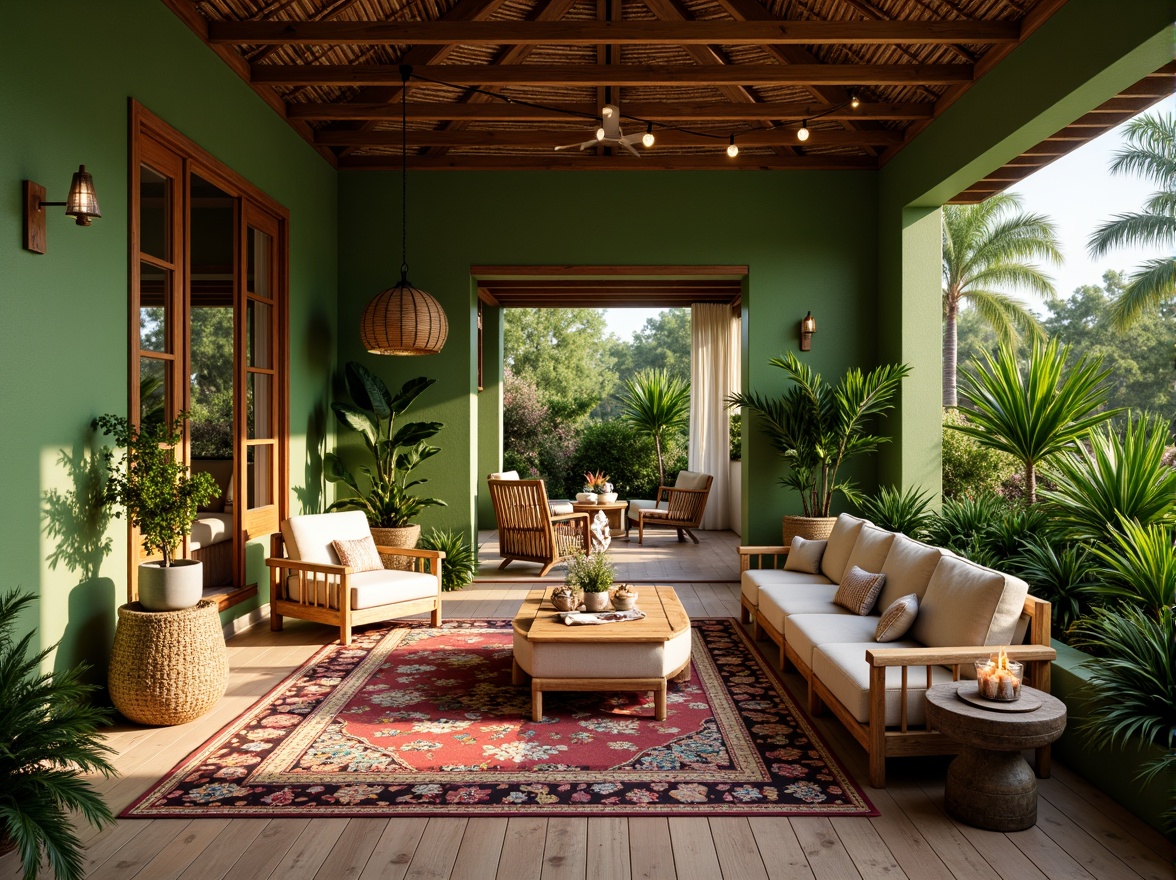 Prompt: Tropical villa, lush green walls, exotic plants, natural wood accents, woven rattan furniture, vibrant colorful textiles, intricately patterned rugs, warm sunny day, soft diffused lighting, pendant lamps with wicker shades, table lamps with coconut shells, floor lamps with bamboo stems, string lights with seashell decorations, LED candles in mercury glass holders, warm white light, ambient glow, subtle shadows, 1/1 composition, shallow depth of field, realistic textures.