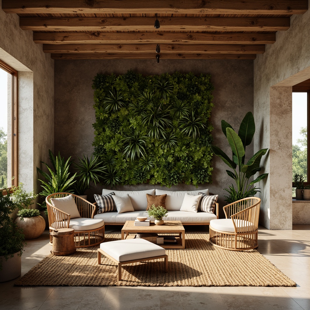 Prompt: Earthy tones, natural stone walls, reclaimed wood accents, organic shapes, woven textiles, jute rugs, earthy color palette, moss greenery, living walls, botanical prints, rattan furniture, warm beige lighting, soft shadows, atmospheric misting, 1/2 composition, cinematic view, realistic rendering, ambient occlusion.