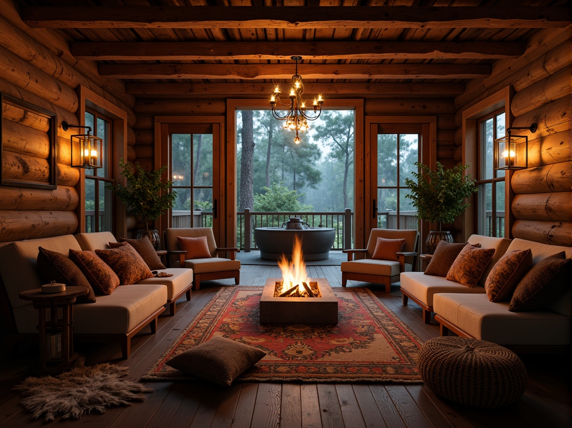 Prompt: Rustic wooden cabin, warm candlelight, soft fire pit glow, dimmed chandeliers, vintage metal lanterns, earthy tone colors, natural stone walls, reclaimed wood beams, cozy throw blankets, plush area rugs, forest surroundings, misty morning fog, warm sunset lighting, golden hour ambiance, subtle shadowing, 1/2 composition, intimate framing, soft focus, realistic textures.