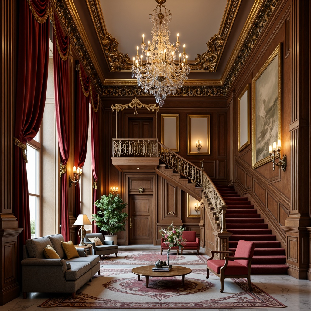 Prompt: Intricate moldings, ornate furnishings, luxurious fabrics, velvet drapes, golden accents, crystal chandeliers, marble flooring, rich wood paneling, stately columns, grand staircases, lavish textures, warm ambient lighting, shallow depth of field, 1/2 composition, soft focus, realistic reflections.