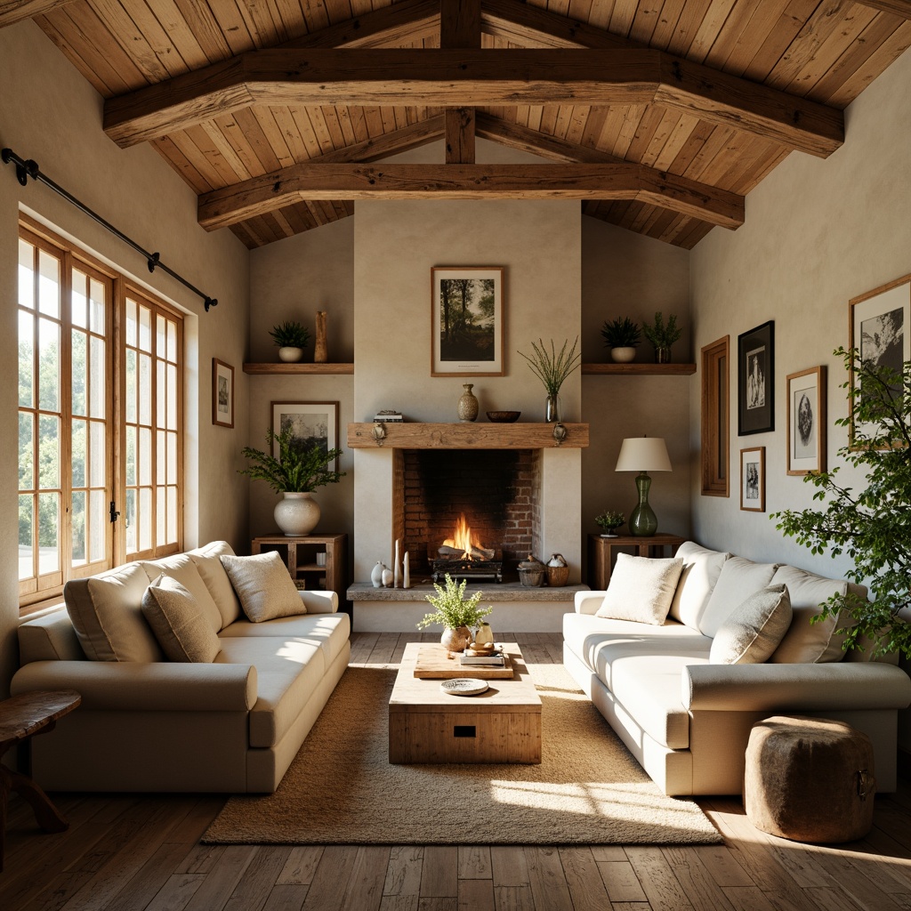 Prompt: Rustic farmhouse, vintage decor, earthy tones, warm beige walls, distressed wood accents, natural stone fireplaces, soft cream furnishings, muted greenery, antique metal hardware, woven textiles, organic patterns, sun-kissed windows, soft golden lighting, shallow depth of field, 2/3 composition, cozy atmosphere, realistic textures, ambient occlusion.