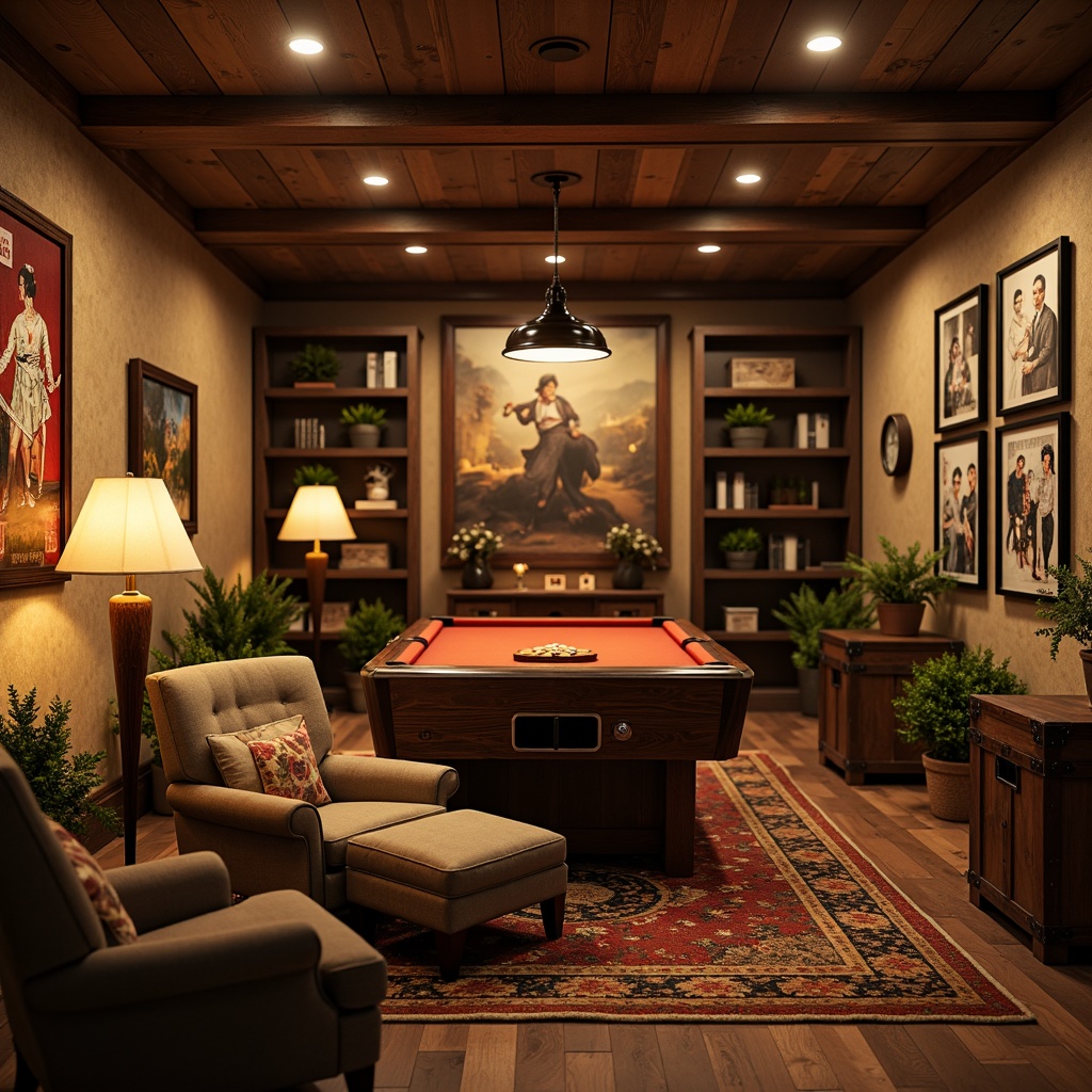 Prompt: Cozy game room, rustic wooden accents, vintage posters, warm ambient lighting, table lamps, floor lanterns, industrial metal shades, Edison bulbs, warm color temperature, dimmable lighting, cozy reading nooks, plush armchairs, wooden shelves, decorative trunks, warm beige walls, distressed wood floors, soft warm carpeting, relaxed atmosphere, 1/2 composition, soft focus, realistic textures.