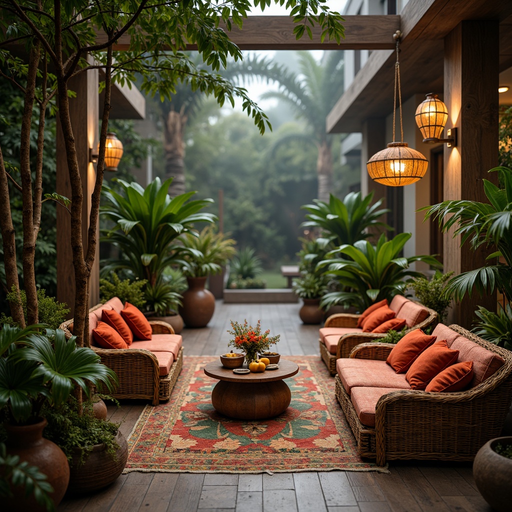 Prompt: Woven wicker furniture, lush green palms, exotic flower arrangements, natural fiber rugs, reclaimed wood accents, earthy tone ceramics, tropical leaf patterns, vibrant colorful textiles, intricately carved wooden decorations, rustic metal lanterns, warm ambient lighting, shallow depth of field, 1/1 composition, soft focus background, realistic textures, atmospheric mist.