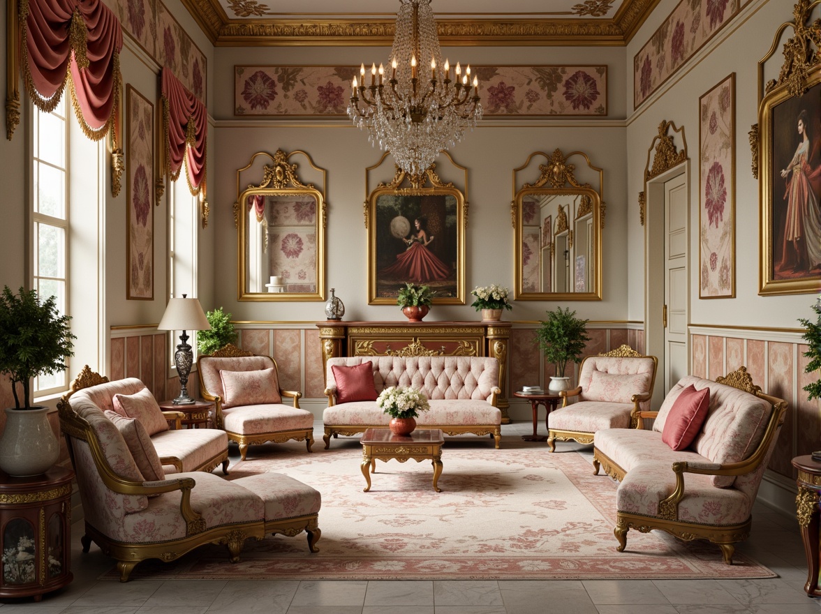 Prompt: Luxurious velvet fabrics, intricate gold embroidery, delicate lace trimmings, soft pastel colors, ornate floral patterns, Rococo-inspired furniture, curved lines, ornamental carvings, lavish drapery, tassels and fringes, rich brocades, beaded accents, crystal chandeliers, opulent marble surfaces, gilded mirrors, lavish upholstery, intricate wood inlays, subtle sheen, warm golden lighting, shallow depth of field, 1/2 composition, realistic textures, ambient occlusion.