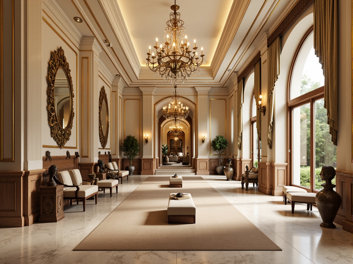 Prompt: Elegant home gym, neoclassical arches, ornate moldings, luxurious chandeliers, marble flooring, cream-colored walls, rich wood paneling, gilded accents, ornamental mirrors, sculpted figurines, grand columns, high ceilings, majestic crystal lighting, subtle shading, 1/2 composition, warm golden tones, soft focus, realistic reflections.