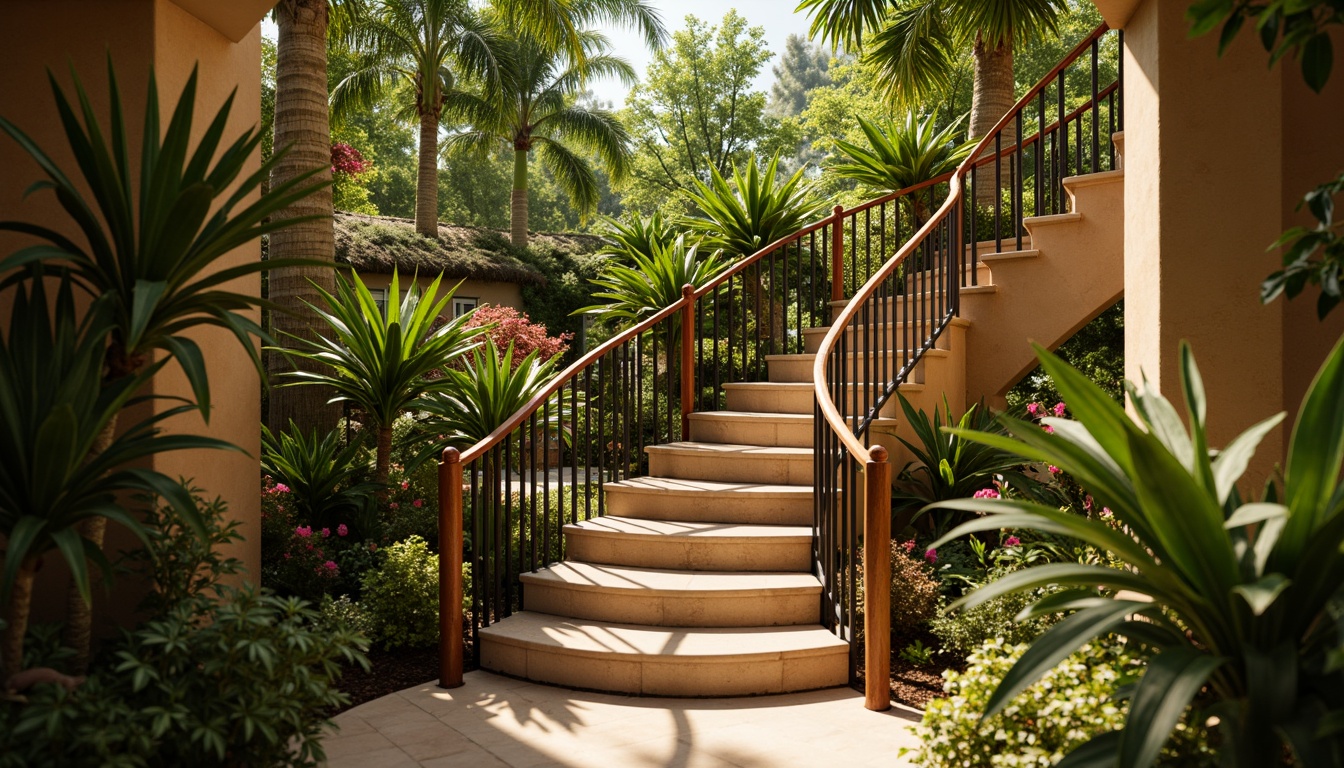 Prompt: Tropical staircase, exotic hardwood railings, ornate metal balusters, curved lines, lush greenery, vibrant flowers, natural stone steps, polished wooden handrails, warm beige tones, soft golden lighting, shallow depth of field, 1/2 composition, realistic textures, ambient occlusion, tropical leaf patterns, woven fiber details, earthy scent.