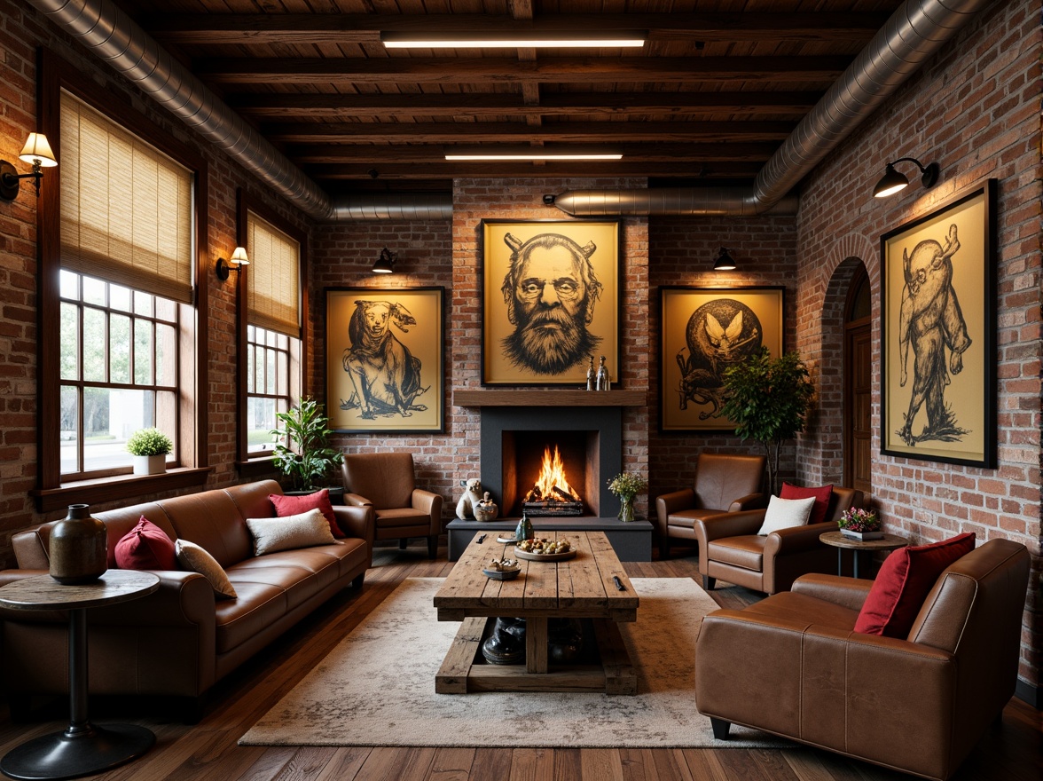 Prompt: Rustic game room, wooden accents, vintage posters, comfy couches, worn leather armchairs, reclaimed wood coffee tables, industrial metal lamps, distressed brick walls, natural stone fireplaces, earthy color palette, warm cozy lighting, shallow depth of field, 1/1 composition, realistic textures, ambient occlusion.