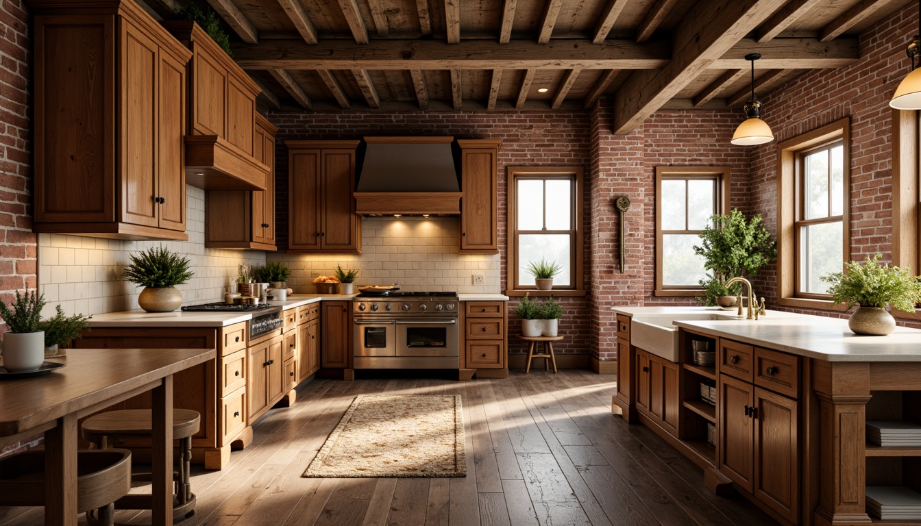 Prompt: Elegant kitchen, ornate cabinetry, warm wood tones, rustic brick walls, vintage-inspired appliances, antique brass hardware, soft cream countertops, distressed wooden floors, pendant lighting fixtures, farmhouse sink, classic subway tiles, earthy color palette, warm golden lighting, shallow depth of field, 2/3 composition, realistic textures.