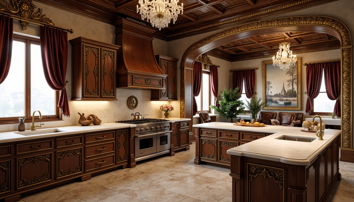 Prompt: Richly ornate kitchen cabinetry, classic Renaissance style, intricately carved wooden panels, gilded accents, soft warm lighting, creamy white marble countertops, elegant bronze hardware, ornamental metalwork, luxurious velvet drapes, stately crystal chandeliers, rustic stone flooring, vintage distressed finishes, decorative ceiling moldings, grandiose architectural details, lavish gold leafing, opulent furnishings, inviting warm atmosphere, 1/1 composition, shallow depth of field, realistic textures.