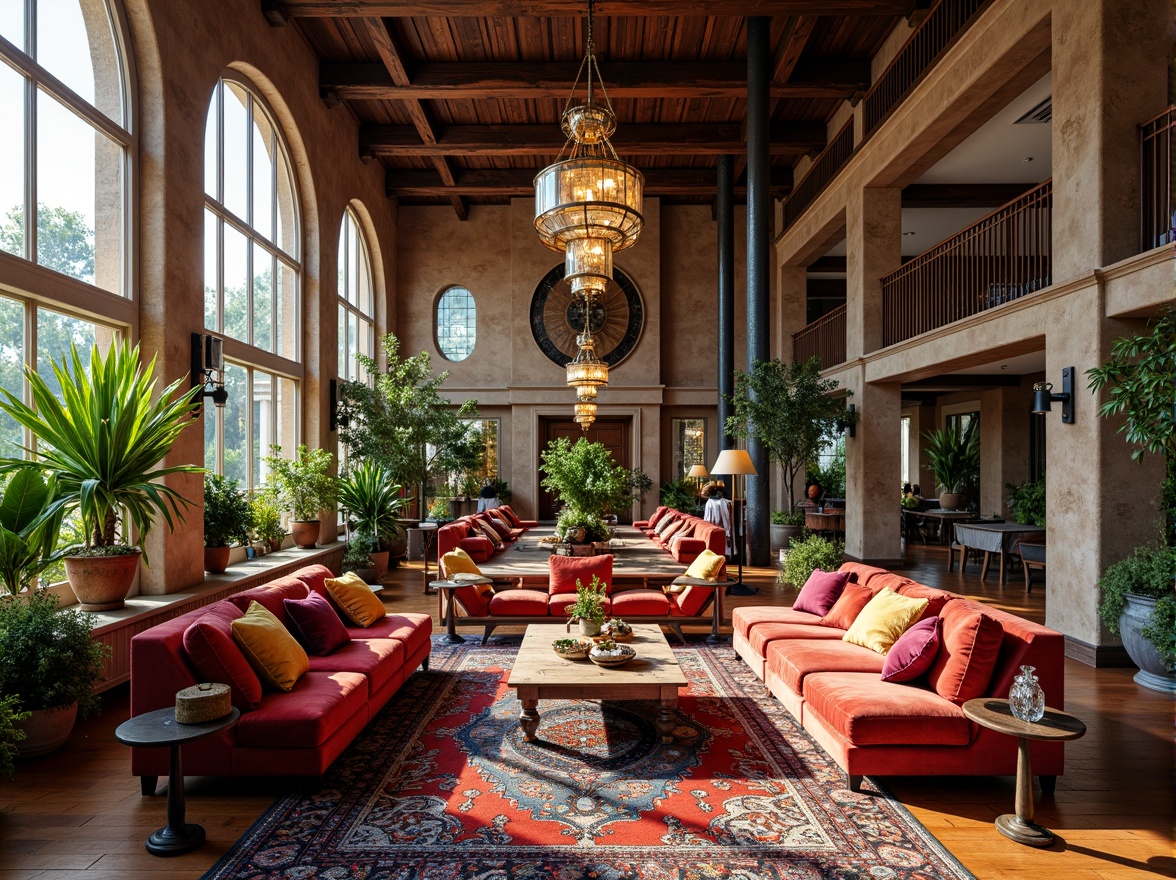 Prompt: Spacious great room, eclectic interior design, rich wood accents, plush velvet sofas, vibrant colorful throw pillows, antique rug patterns, metallic chandeliers, large windows, natural light pouring in, airy atmosphere, elegant archways, rustic wooden beams, distressed brick walls, industrial metal columns, lavish greenery, exotic plants, warm cozy lighting, soft shadows, 1/1 composition, shallow depth of field, realistic textures, ambient occlusion.