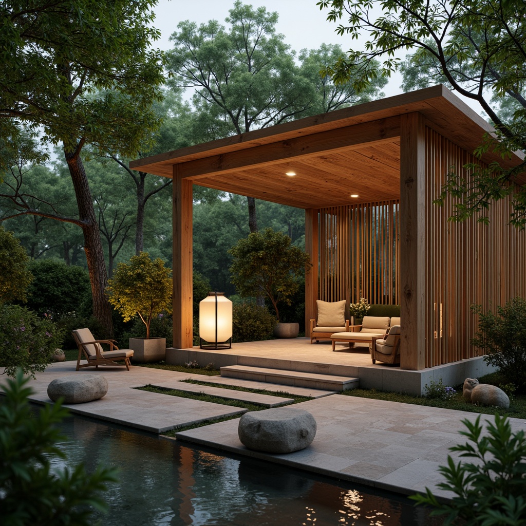 Prompt: Simple pavilion, natural wood accents, minimalist decor, low-seating furniture, traditional Asian-inspired motifs, subtle lantern lighting, serene ambiance, lush greenery surroundings, tranquil water features, stone pathways, elegant curves, bamboo textures, soft warm colors, shallow depth of field, 1/1 composition, realistic materials, ambient occlusion.