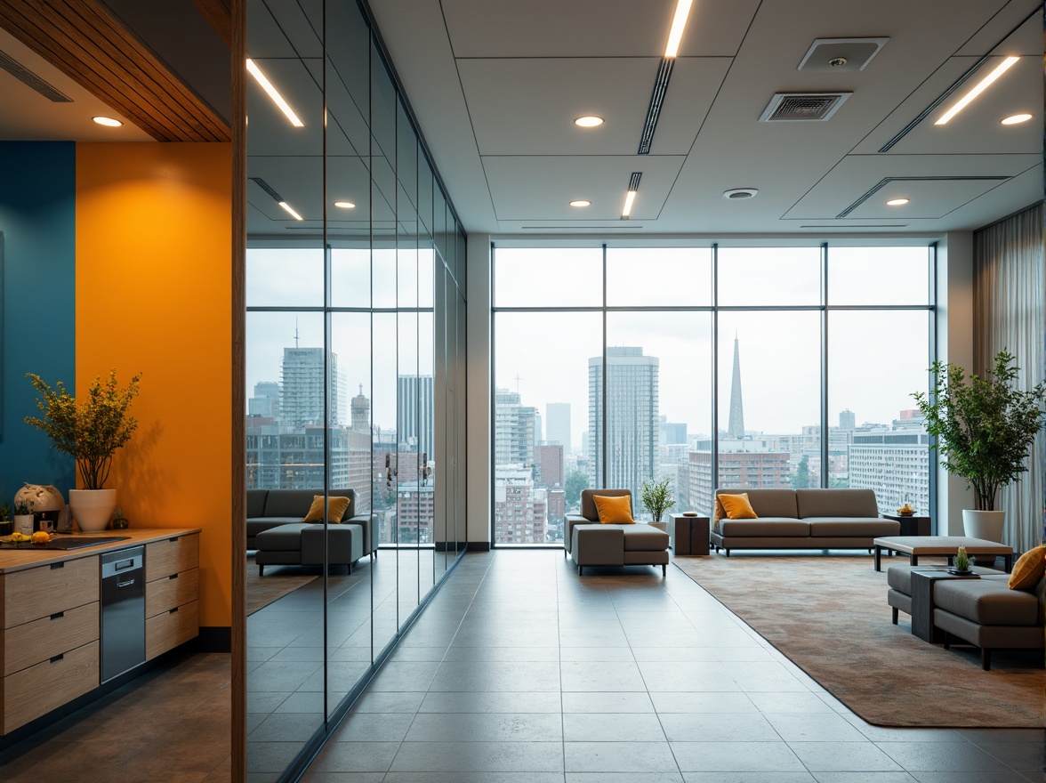 Prompt: Modern office interior, sleek glass surfaces, minimalist design, neutral color palette, calming whites, creams, and grays, accent walls in deep blues, energetic oranges, bold yellows, natural wood tones, industrial metal accents, urban cityscape views, large windows, abundance of natural light, soft warm lighting, shallow depth of field, 3/4 composition, realistic textures, ambient occlusion.