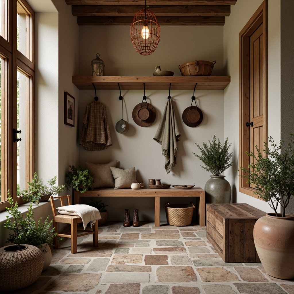 Prompt: Earthy mudroom, natural stone flooring, reclaimed wood accents, cozy textiles, warm beige walls, rich brown furniture, soft sage greenery, industrial metal hooks, woven baskets, vintage outdoor gear, earthy terracotta pots, distressed leather accessories, warm task lighting, shallow depth of field, 1/1 composition, realistic textures, ambient occlusion.