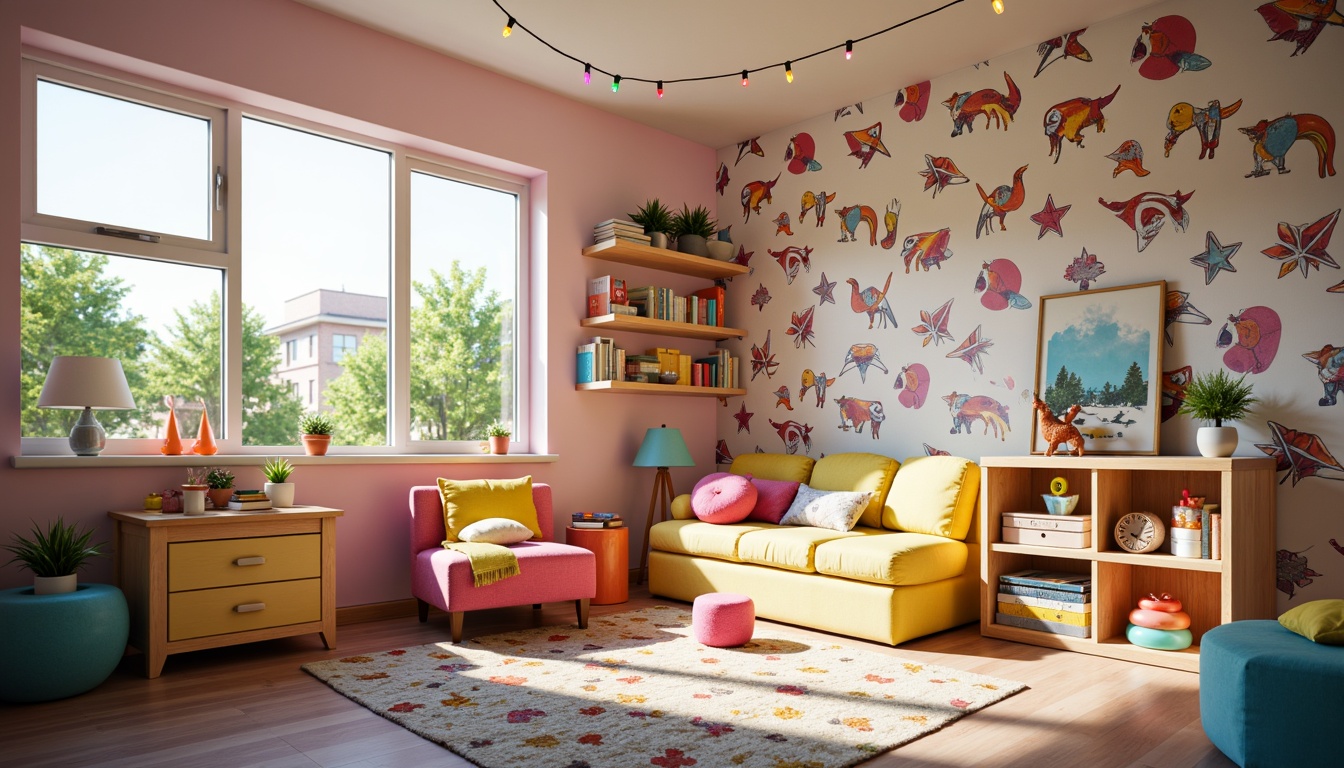 Prompt: Vibrant kids' room, colorful furniture, whimsical decor, neon string lights, soft pastel hues, glowing LED strips, playful lamp shades, textured rug, cozy reading nook, built-in bookshelves, lively wallpaper patterns, 3D cartoon characters, fun geometric shapes, bright sunny day, shallow depth of field, 1/2 composition, warm and inviting atmosphere, softbox lighting, realistic textures, ambient occlusion.