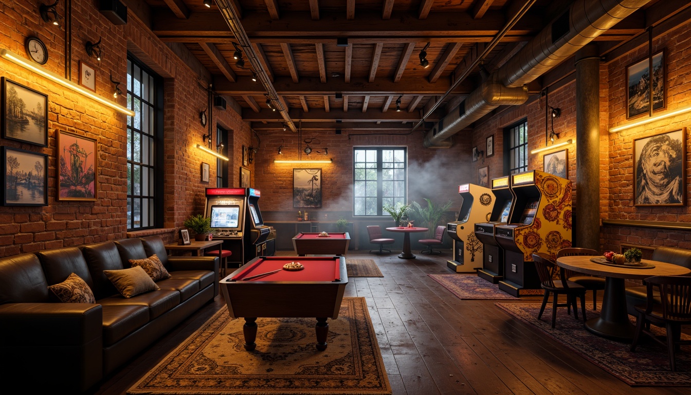 Prompt: Cozy game room, rustic wooden accents, vintage posters, neon signs, dimmable table lamps, warm yellow lighting, industrial metal chandeliers, exposed brick walls, reclaimed wood floors, plush area rugs, comfortable sofas, retro arcade machines, modern gaming consoles, decorative LED strips, ambient softbox lighting, cinematic color grading, shallow depth of field, 2/3 composition, warm atmospheric fog.