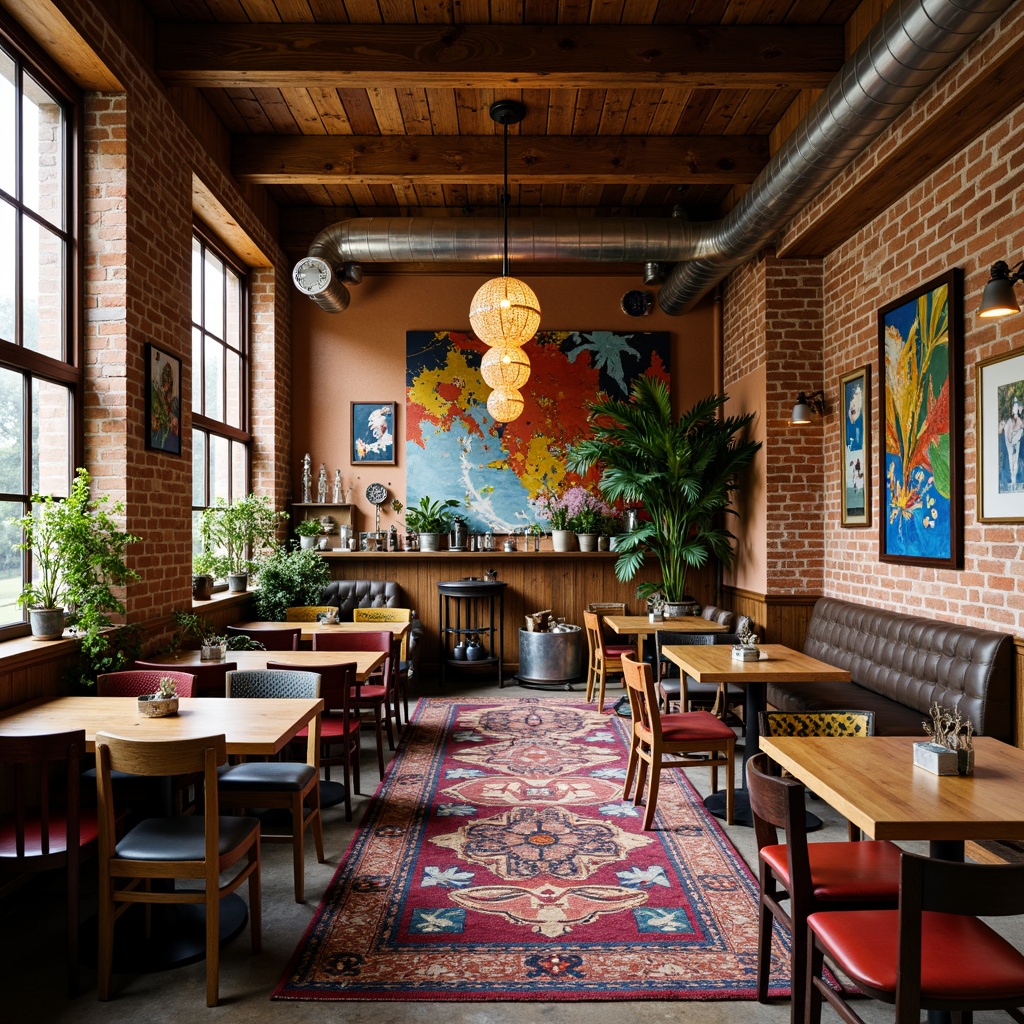 Prompt: Vibrant eclectic restaurant, rich wood accents, distressed finishes, eclectic art pieces, bold patterned rugs, colorful mismatched chairs, reclaimed wooden tables, industrial metal lighting, exposed brick walls, vintage decorative items, lush greenery, warm golden lighting, shallow depth of field, 1/2 composition, realistic textures, ambient occlusion.