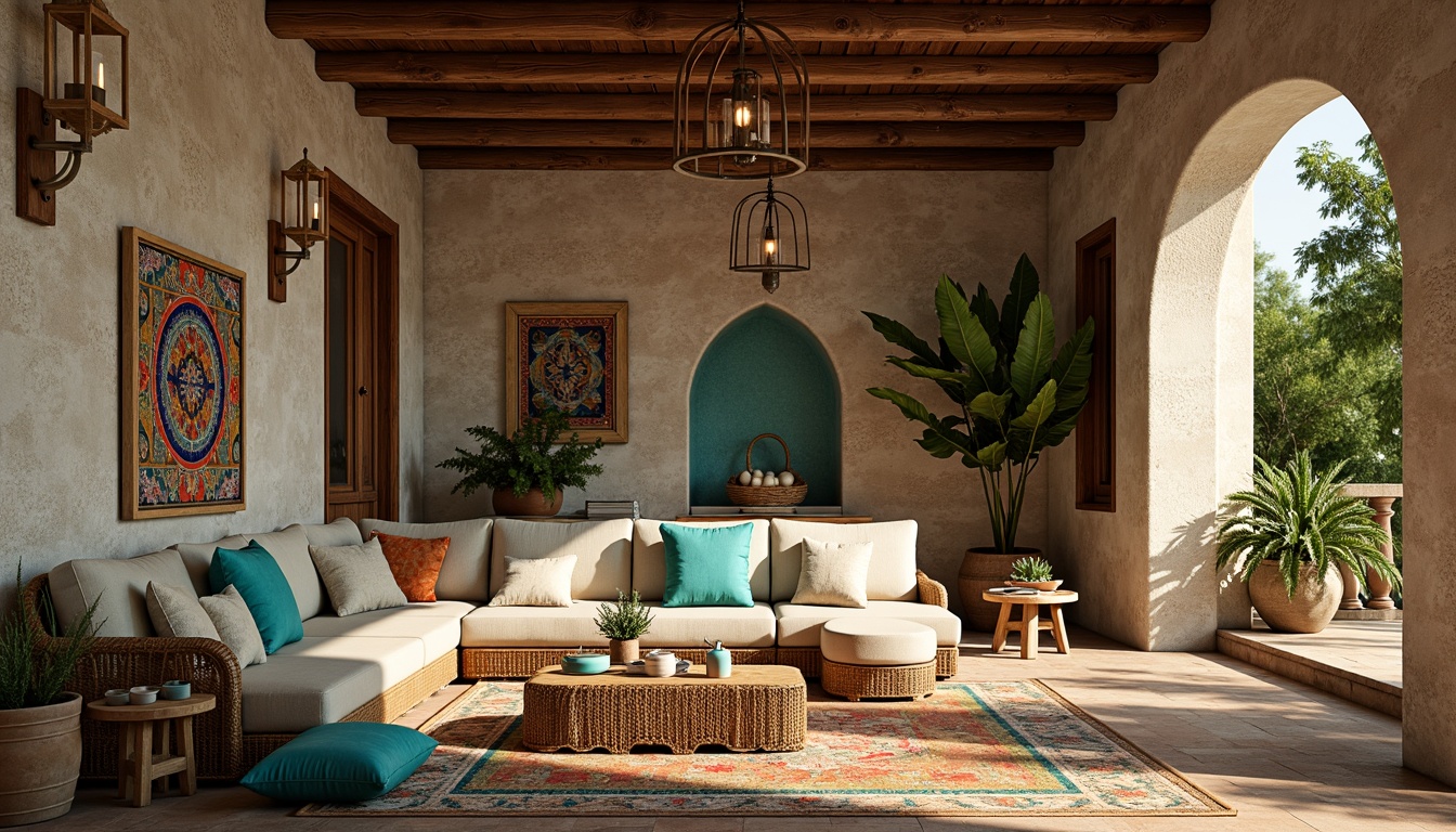 Prompt: Vibrant Mediterranean villa, ornate stone walls, turquoise accents, lush greenery, intricately patterned tiles, colorful ceramics, plush throw pillows, embroidered linens, woven wicker furniture, natural fiber rugs, distressed wood beams, warm earthy tones, rustic charm, soft golden lighting, shallow depth of field, 1/2 composition, cozy intimate spaces, realistic textures, ambient occlusion.